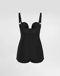 Lace and elasticated fabric bodysuit with deep neckline conical cups
