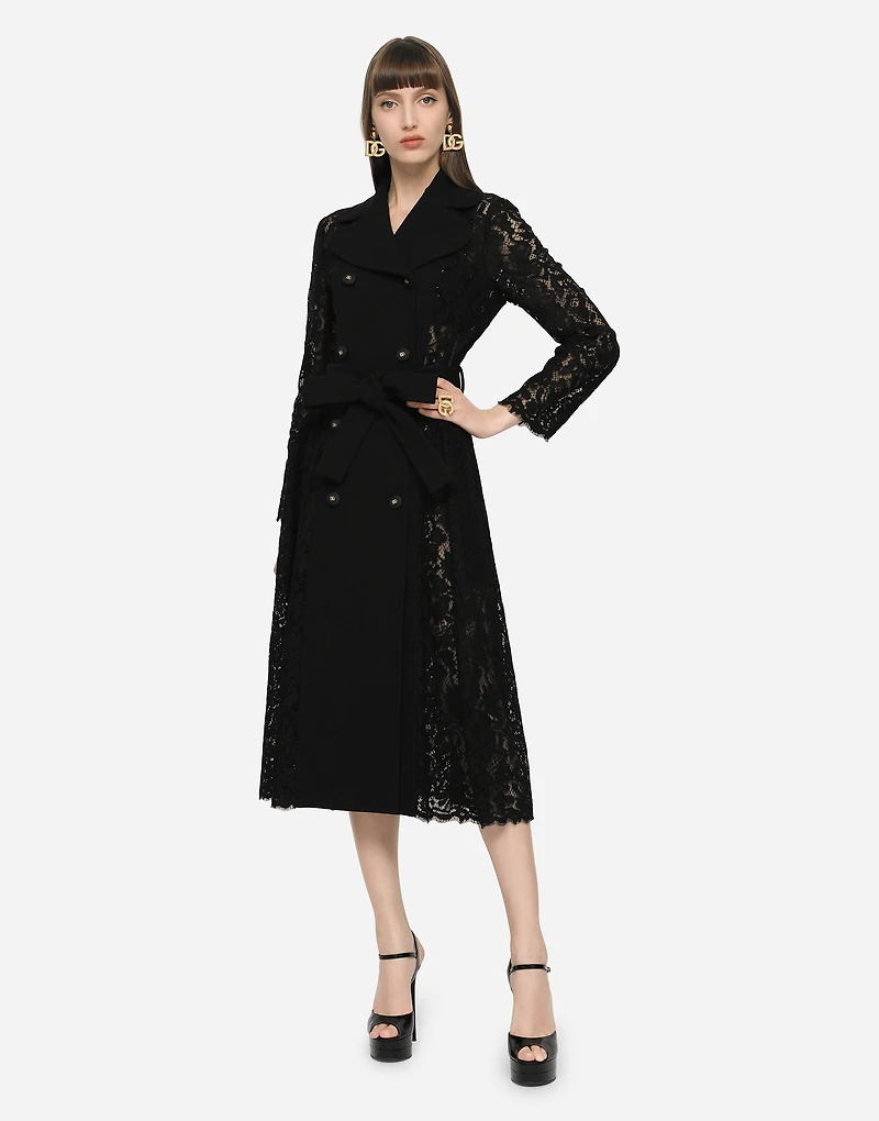 Cordonetto lace and crepe coat with belt