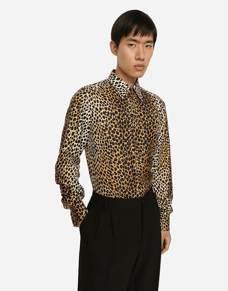 Silk twill Martini-fit shirt with ocelot print