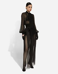 Short silk chiffon pussy-bow blouse