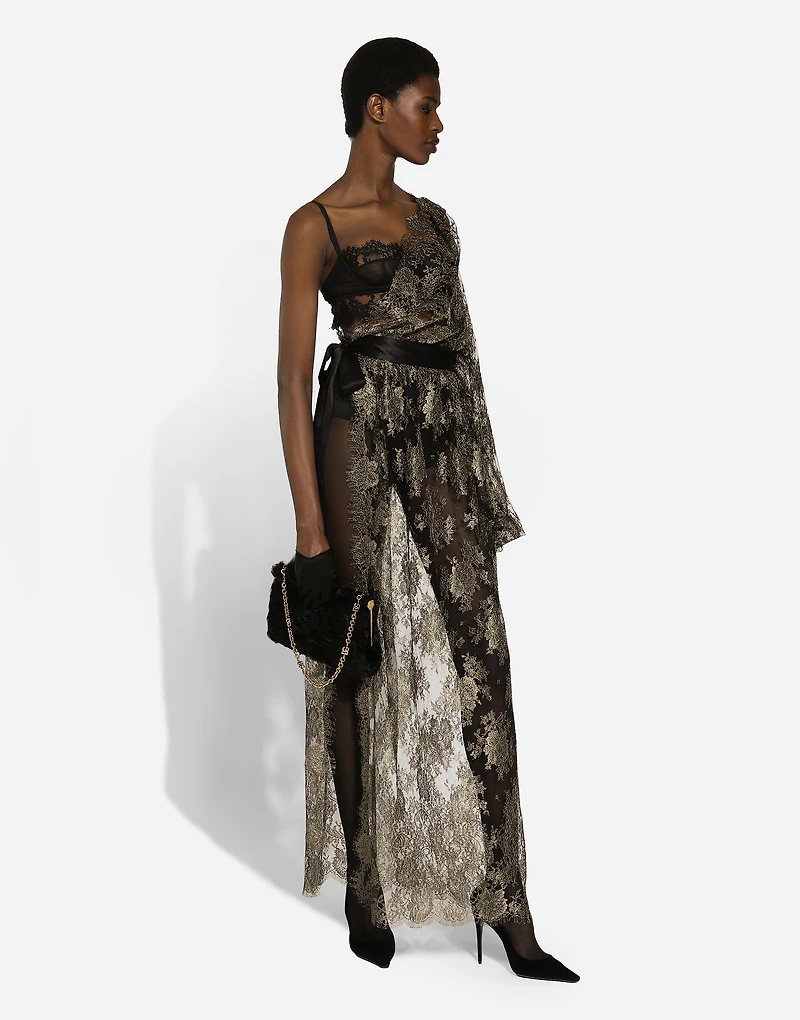 Calf-length one-shoulder lamé Chantilly lace dress