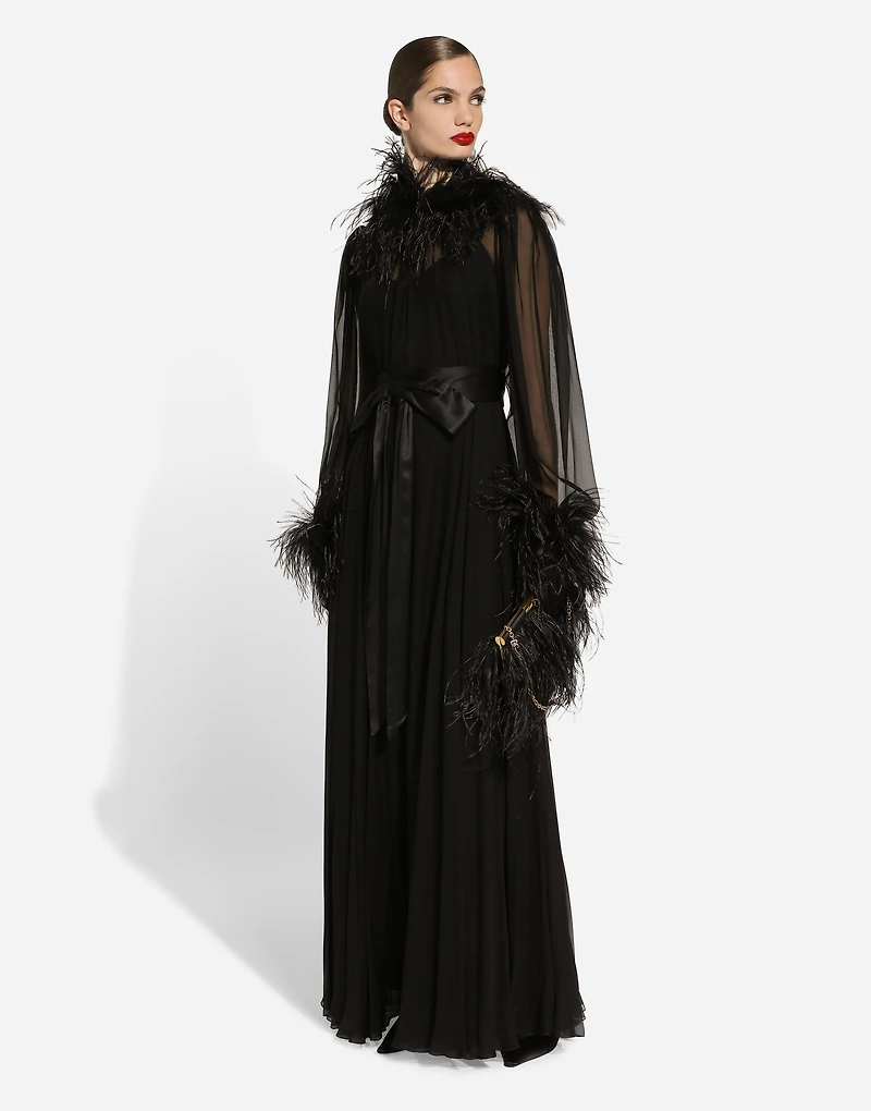 Long silk chiffon dress with ostrich feather details