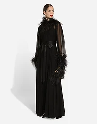 Long silk chiffon dress with ostrich feather details