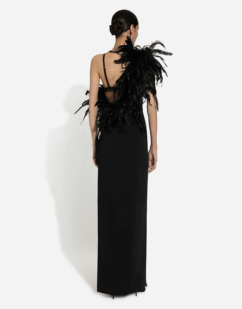 Long one-shoulder stretch cady dress with feathered neckline