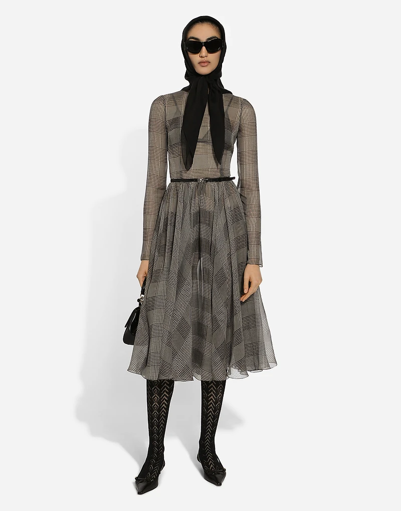 Chiffon calf-length circle skirt with glen plaid print