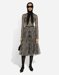 Chiffon calf-length circle skirt with glen plaid print
