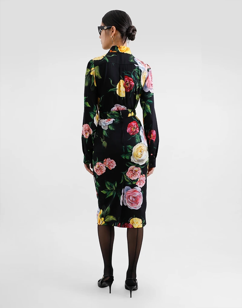 Peony and rose-print charmeuse calf-length skirt