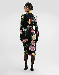 Peony and rose-print charmeuse calf-length skirt