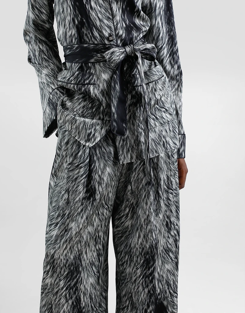 Silk satin pajama pants with fur print