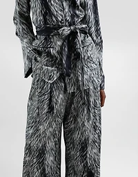 Silk satin pajama pants with fur print