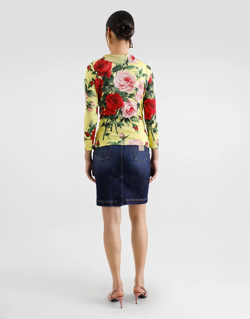 Silk knit cardigan with bouquet print