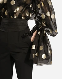 Silk organza jacquard blouse with polka-dot design and pussy-bow