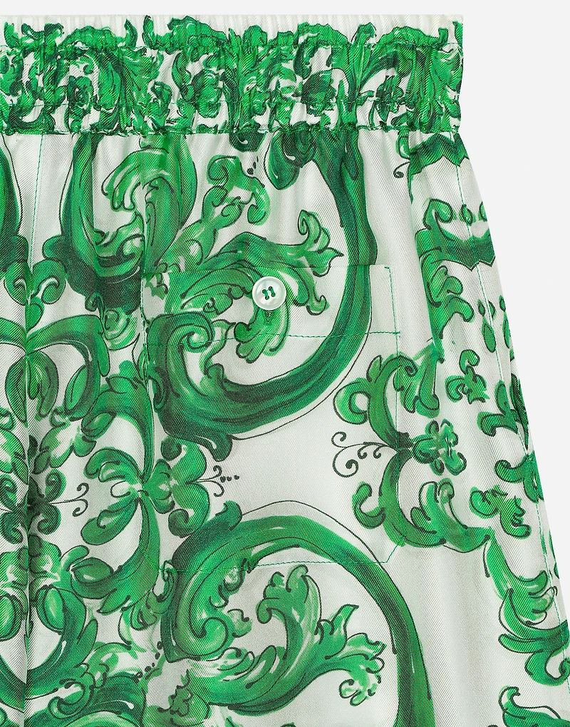 Twill shorts with green majolica print