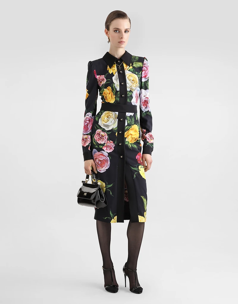 Calf-length cady shirt dress with peony and rose print