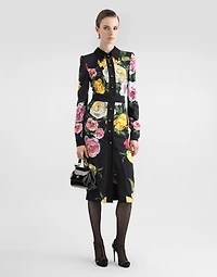 Calf-length cady shirt dress with peony and rose print