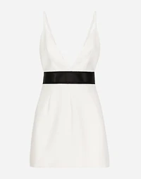 Short woolen dress with satin belt and straps