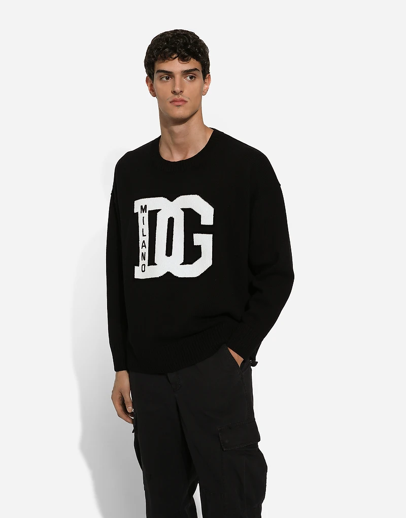 Wool round-neck sweater with DG inlay