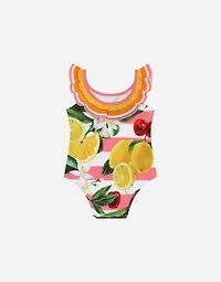 Spandex one-piece swimsuit with lemon and cherry print