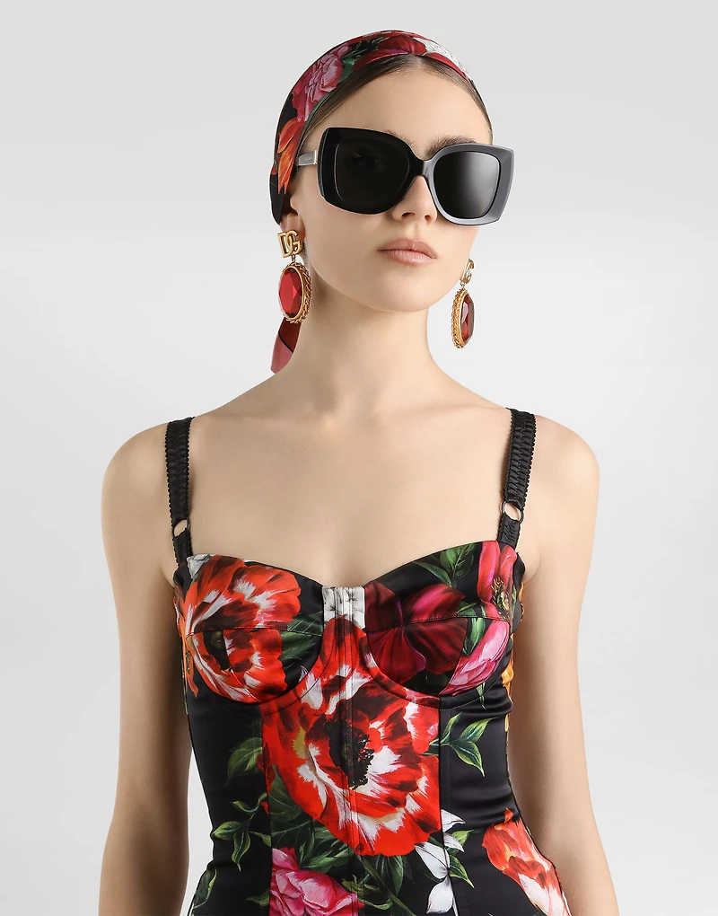 Flower-print satin dress