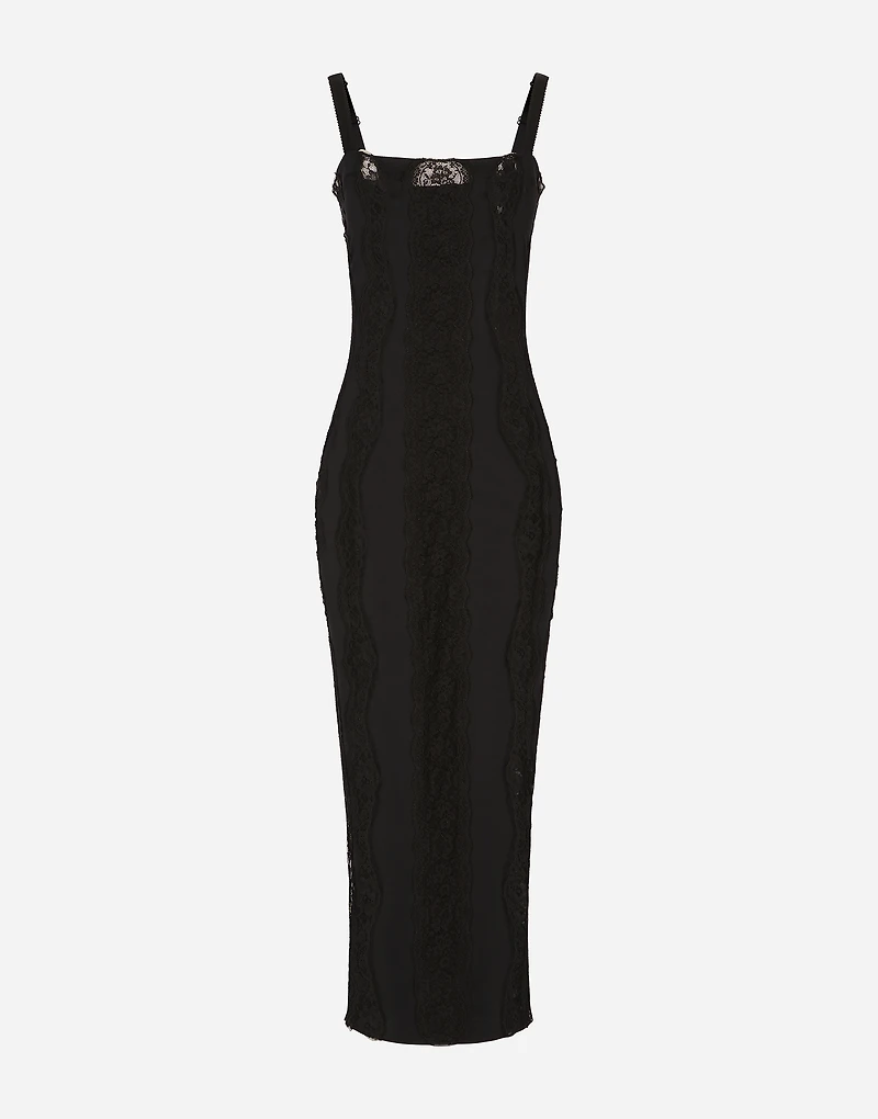 Jersey calf-length dress with lace inserts