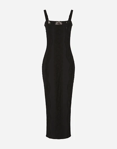 Jersey calf-length dress with lace inserts
