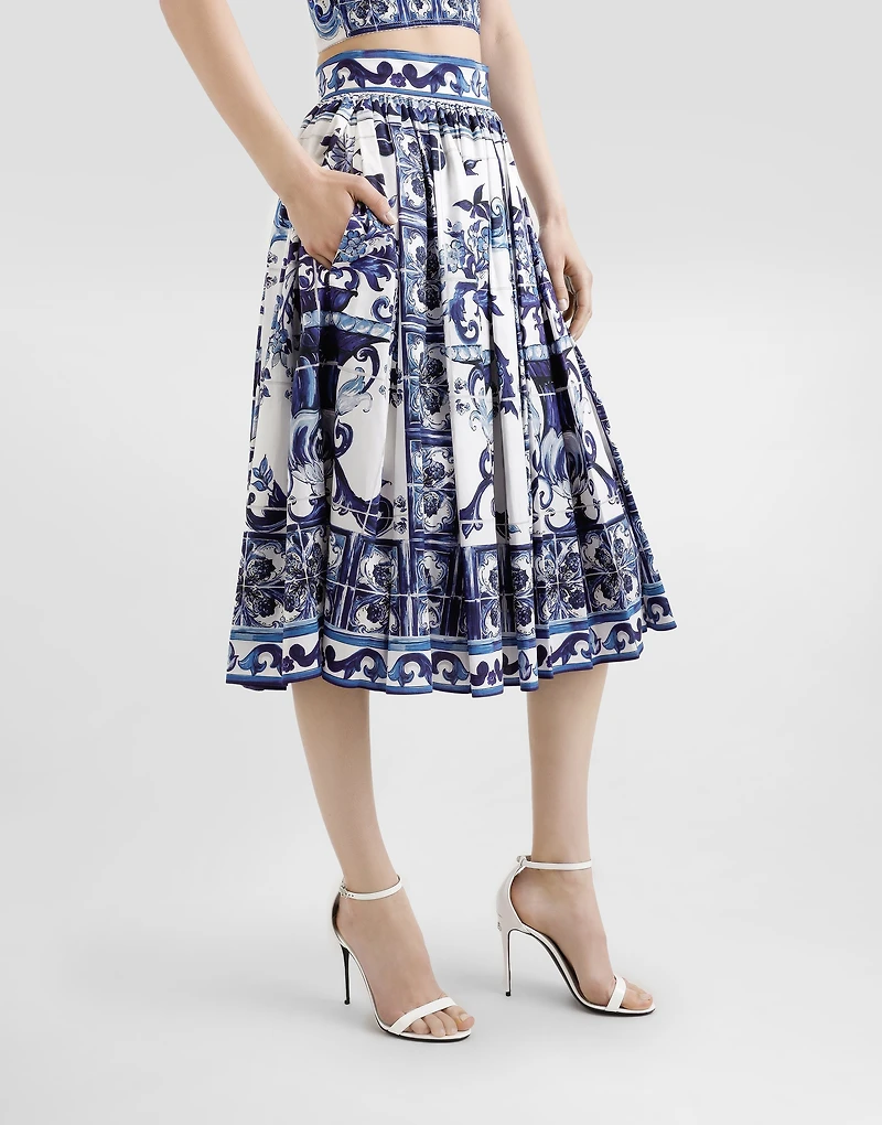 Poplin midi skirt with majolica print
