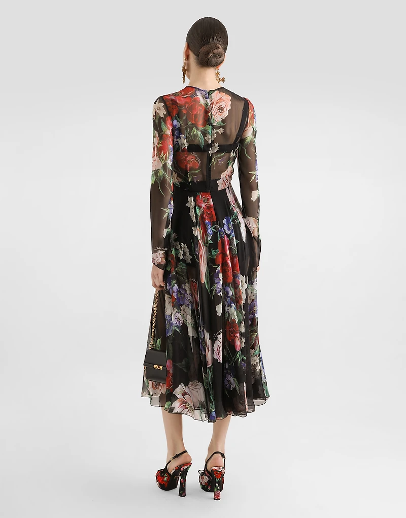 Floral-print chiffon calf-length dress with circle skirt