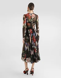 Floral-print chiffon calf-length dress with circle skirt