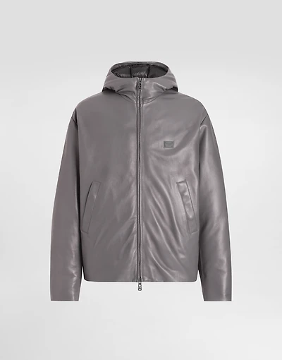 Padded leather jacket with hood and tag