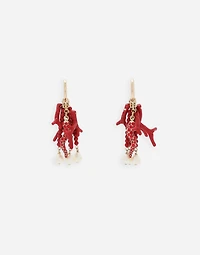 Creole earrings with horn, coral branches and pearls