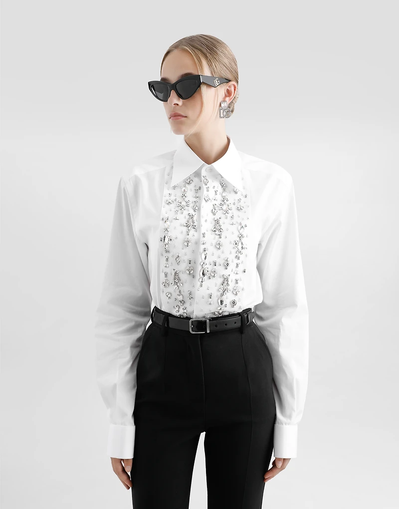 Cotton tuxedo shirt with rhinestone-embroidered front
