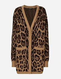 Long wool and cashmere cardigan with jacquard leopard design