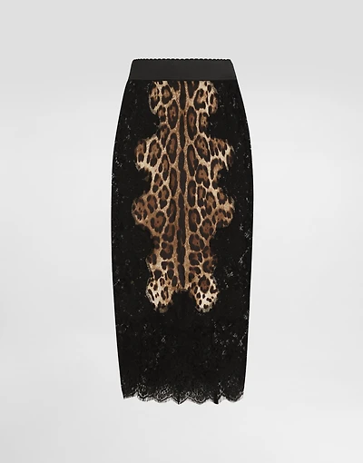 Leopard-print satin midi skirt with lace inserts