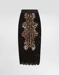 Leopard-print satin midi skirt with lace inserts