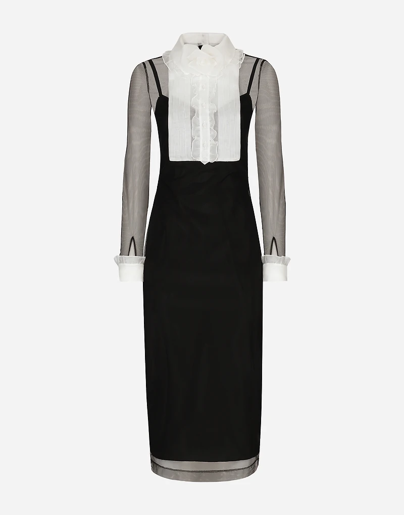 Tulle calf-length dress with organza shirt front