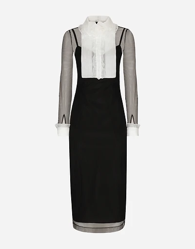 Tulle calf-length dress with organza shirt front