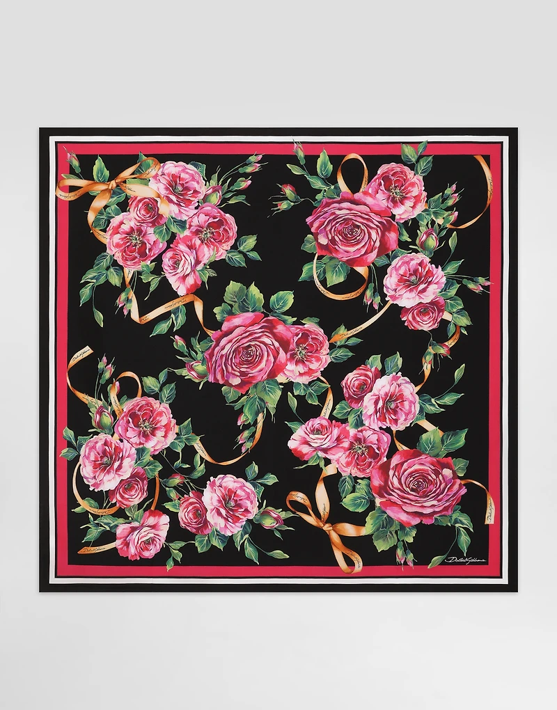Rose-print silk twill foulard (90x90)