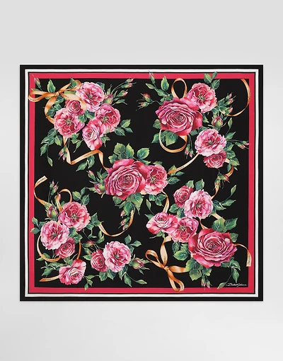 Rose-print silk twill foulard (90x90)