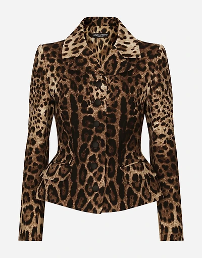 Single-breasted double crepe jacket with leopard print