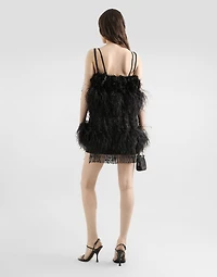 Satin dress with feathers