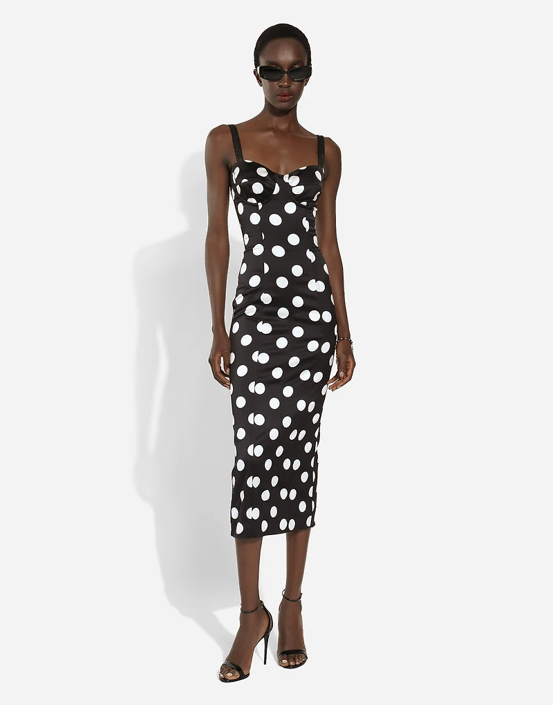 Satin midi dress with polka-dot print and corset details
