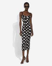 Satin midi dress with polka-dot print and corset details