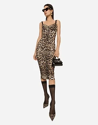 Marquisette calf-length dress with leopard print