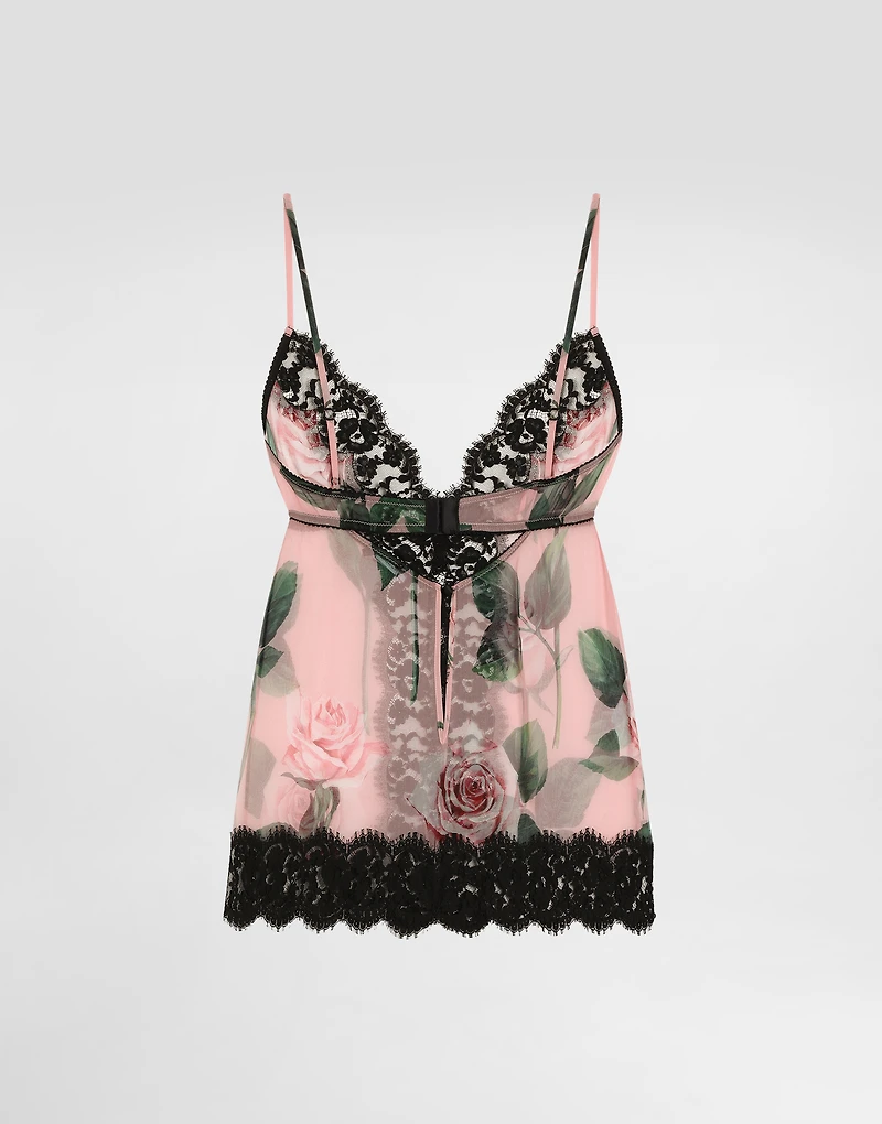 Chiffon and lace lingerie top with rose print