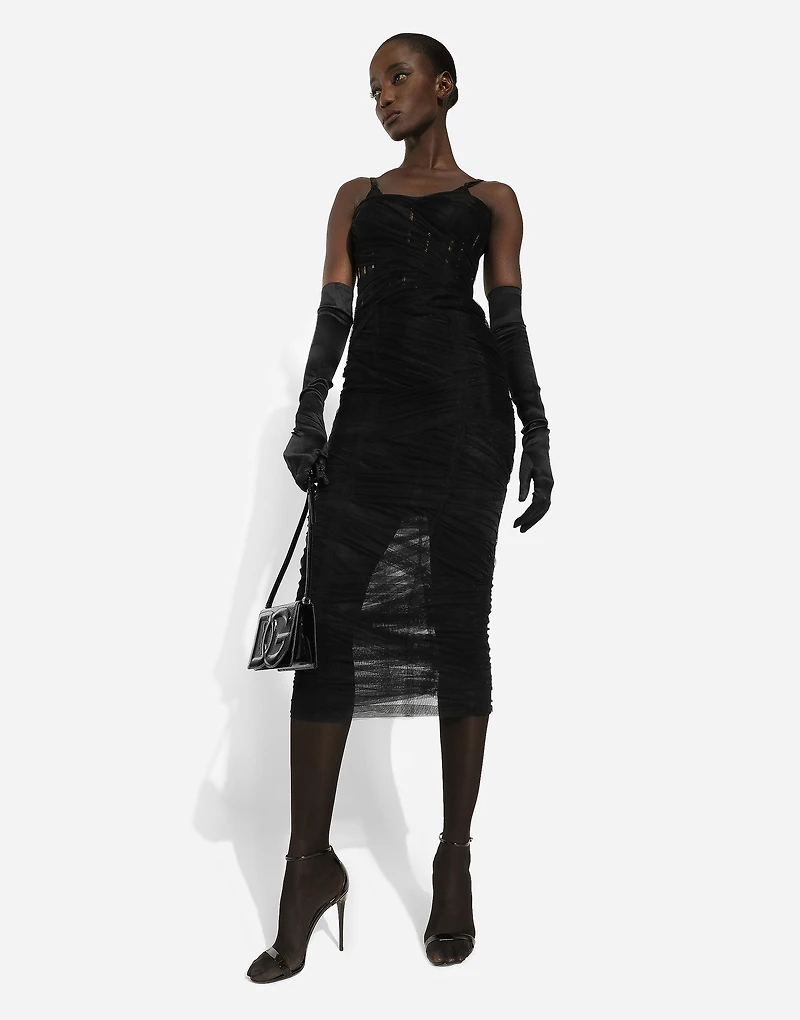 Tulle calf-length corset dress with draping