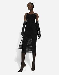 Tulle calf-length corset dress with draping