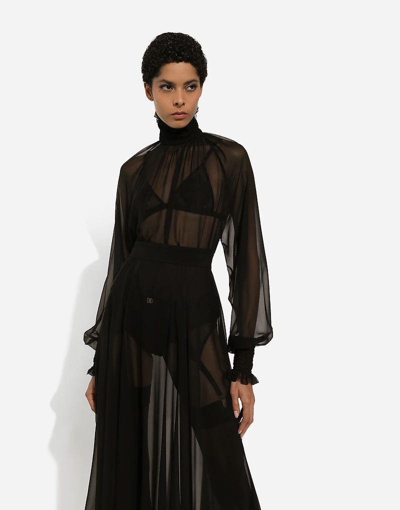 Chiffon blouse with smock-stitch detailing