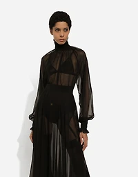 Chiffon blouse with smock-stitch detailing