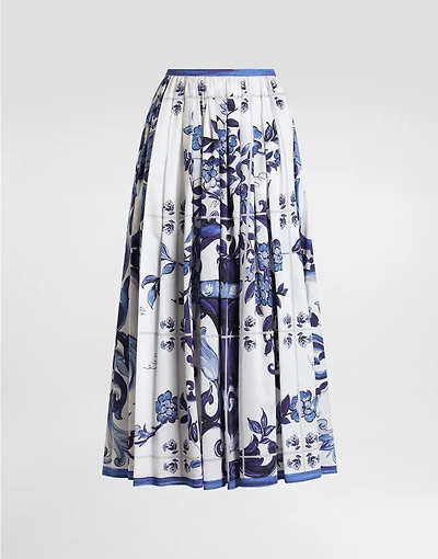 Majolica-print long cotton satin skirt