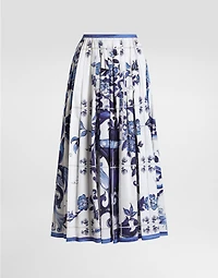 Majolica-print long cotton satin skirt